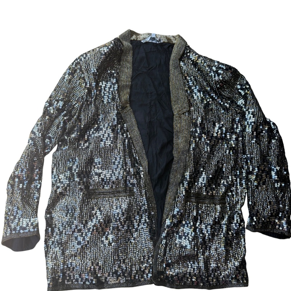Vintage Gold Silver Sequin Silk Blazer Jacket Beaded Trim Shoulder Pads Glam L